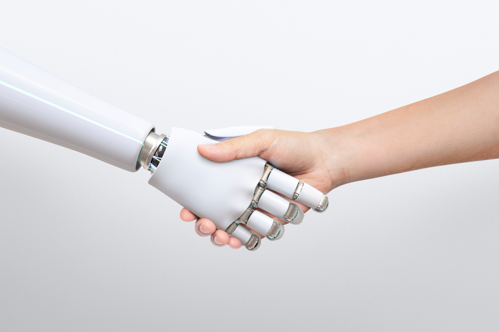 robot handshake human background artificial intelligence digital transformation